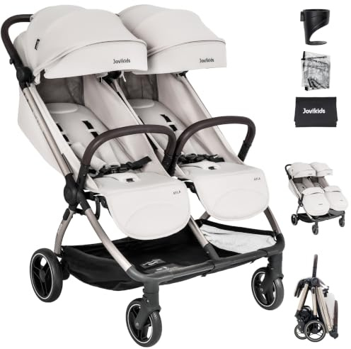 Jovikids Ayla Twins Double Stroller, One-Hand Fold, Aluminium Lightweight | Compact, Birth to 4 Years, All-Terrain Wheels, Rain Cover & Footmuff, Dawn Beige