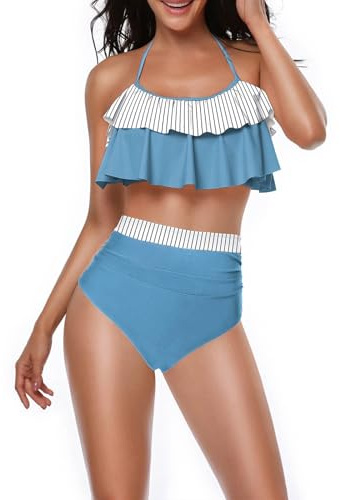 Layered Ruffle Bikini for Kvinnor Högmidjade Bikini Sets Grimband Slips Rygglösa Flowy Baddräkter Color Block Baddräkt(Sky Blue,Large)