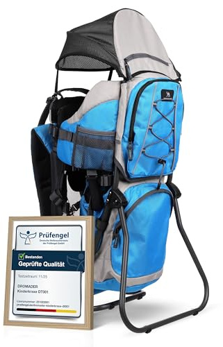 Dromader Kraxe Kindertrage bis 22kg - Baby Rückentrage Wandern mit Sonnendach Regenschutz - Babytrage Outdoor Trekking mit Thermotasche Wickelmatte - Einhändig klappbarer Aluminiumrahmen - Blau