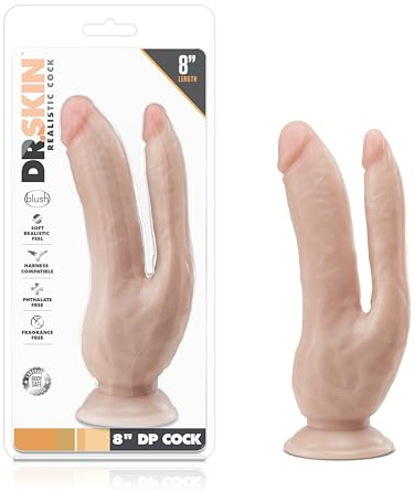 Blush Novelties, Dr. Skin 8 Inch DP Double Penetration Real Feel Life Like Realistic Dildo with Suction Cup, Sex Toy for Women, Strap On Compatible, Vanilla