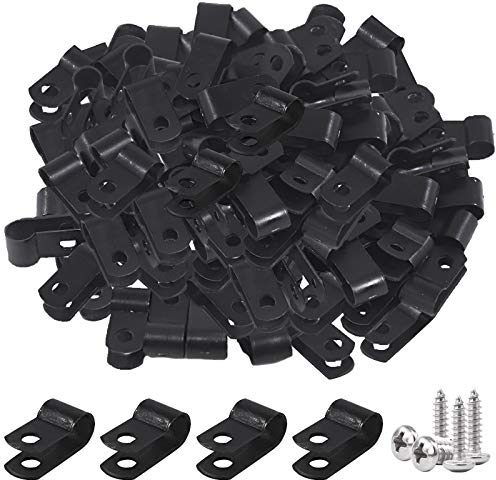 Glarks 60Pcs 1/4 Inch Black Nylon Screw Mounting R-Type Cable Clip Wire Clamp Kit with Screws for Wire, Conduit and Cable Conduit