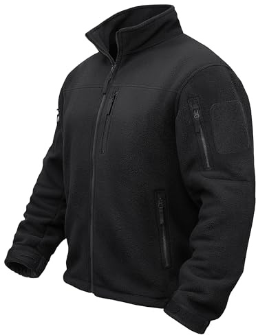 TACVASEN Black Jackets for Men Tactical Lightweight Fleece Jacket Full Zip Winter Outdoor Recreation Hiking Camping Coat