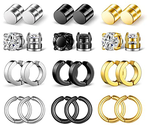 Aroncent 12 Pairs Mens Earrings Hoop Earrings for Men Magnetic Stud Earrings Hoop Huggie Earrings CZ Stud Earrings for Men Women Stainless Steel Earrings Set