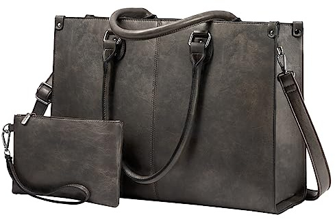 LOVEVOOK Laptop Tote Bag for Women, 15.6 Inch Large Capacity Vintage Leather Work Computer Bag, Business Casual Shoulder Handbag, Black Coffee