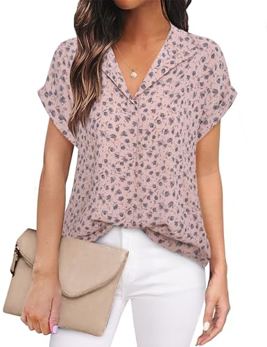 Timeson Blusas de gasa de manga corta para mujer, para oficina, trabajo, negocios, con cuello