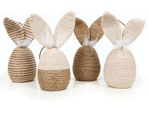 Logbuch-Verlag 4 conigli pasquali decorativi, macramè, coniglietto, 17 x 8 cm, uova di Pasqua con orecchie di coniglio, decorazione pasquale marrone naturale