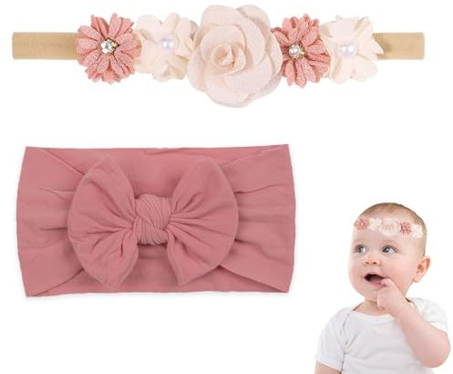 DHWEKU 2 Stück Stirnbänder Baby Mädchenhaarband, Elastische Schleifen Turban, Kinder Haarschmuck