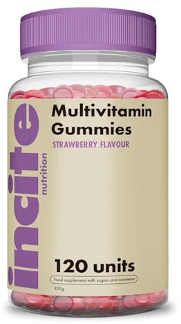 Incite Nutrition Gummies Multivitamines Adulte. 120 Gommes de Biotine à Mâcher au Goût Fraise. Gummies avec Vitamines A, B6, B12, C, D3, E, de l'Acide Folique et du Zinc. 2 Mois Pour Hommes et Femmes