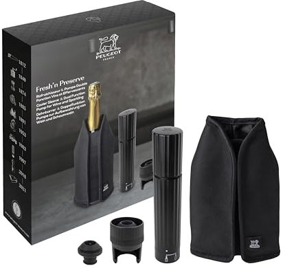 PEUGEOT - Coffret Cadeau Pompe à Vide Manuelle Preserve + Frizz Rafraîchisseur - Préserve Arômes & Pétillant - Vin Tranquille & Effervescent Frais en 20 Min - Idée Cadeau Œnologie - Coloris Noir