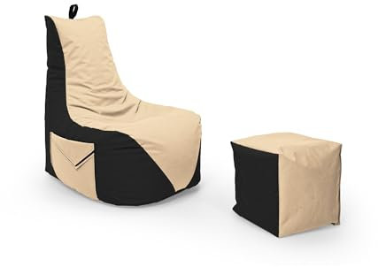 Nadimaideal Gamer Sitzsack Komfort XL - XXL für Kinder, Teenager & Erwachsene | Indoor & Outdoor | Sitzsack Gaming | Füllung EPS Perlen (Schwarz - Beige, Sitzsack XXL mit Hocker)