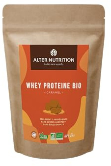ALTER NUTRITION - Whey Protéine Bio - Caramel - Prise De Masse - Récupération - BCAA - Lait De Vache Bio - Sans Sucres Ajoutés - Fabriqué En France - 18g De Protéines Par Scoop - Sachet De 500g