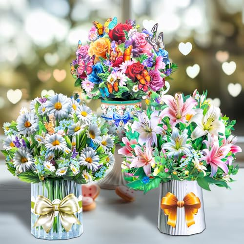 3D Pop Up Flower Bouquet Cards with 3 Envelopes & Blank Notecards, Featuring Multicolor Roses & Butterflies, White Daisies & Lavender, Pink & White Lilies for Birthday, Mother's Day, Get Well,