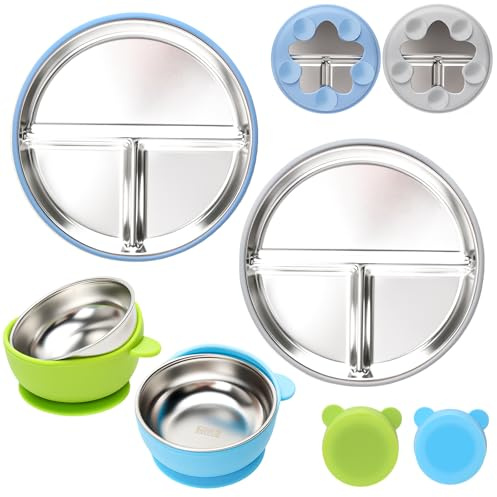 CLDY Set di piatti e ciotole per bambini in acciaio inox, con base in silicone al 100% a ventosa, set da tavola per lo svezzamento dei bambini, infrangibili, senza BPA, regalo per bambini e neonati