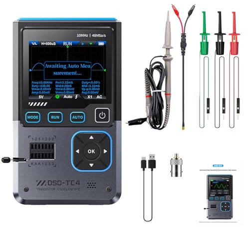 DEWIN DSO-TC4 3 en 1 Osciloscopio/Probador de transistores/Generador de señales,Ancho de banda de 10 MHz, frecuencia de muestreo de 48 MSa/s, protección anti-quemaduras