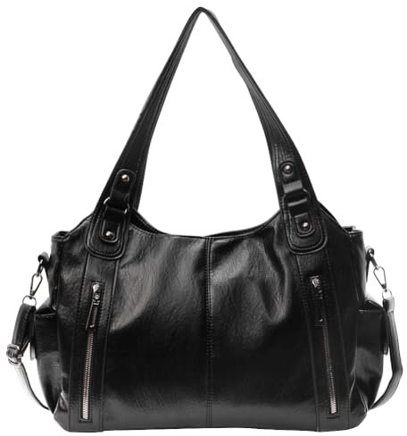 GSenhui handväska vintage city bag tote dam stor axelväska PU-läder uni väska punkstil slouchy brun för skola resor, B1-svart