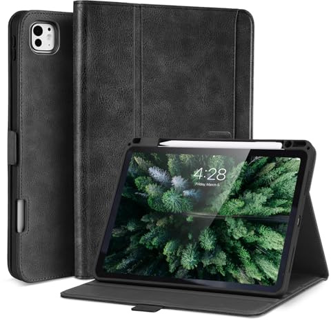 AsileCuir Handgemacht Hülle für iPad Pro 13 Zoll (M5/M4) 2025 2024 mit Stifthalter Tasche, Pencil Halter,Magnetverschluss, Auto Schlaf/Wach, Multi Winkel Ständer,PU Leder Schutzhülle,Schwarz