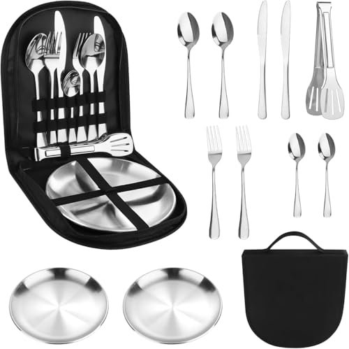 Set di stoviglie da campeggio per 2 persone, set di posate da 12 pezzi, con forchette in acciaio inox, posate da campeggio, picnic, viaggi