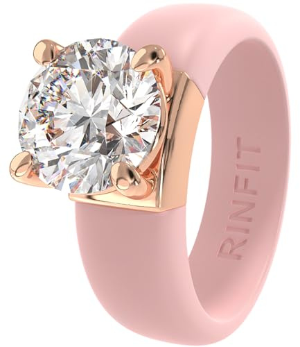 Rinfit Silicone Ring with Stone, Round Cut CZ - Pack: E, Pink/RG, Size 7