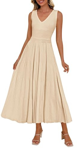 PRETTYGARDEN Summer Dresses for Women 2026 Spring Casual Sleeveless V Neck Pleated Midi Work Cocktail Wedding Guest Dress(Beige,Large)