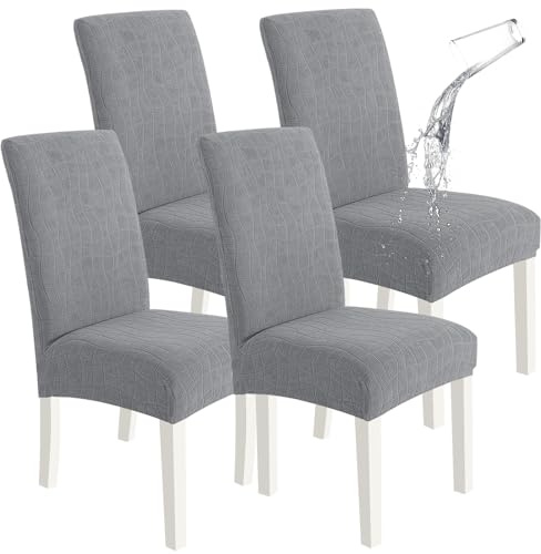 SYSLOON 100% Waterproof Chair Covers for Dining Chairs, Stretch Chair Covers Set of 4, Parson Chair Slipcovers Removable Washable Kitchen Chairs Seat Covers,Light Gray