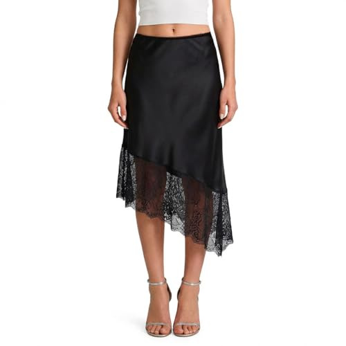 Crsiphee Women Summer Skirt Satin Slip Midi Skirts with Lace Trim A-Line Asymmetrical Skirts Flowy Silky Long Skirt for Going Out Black S