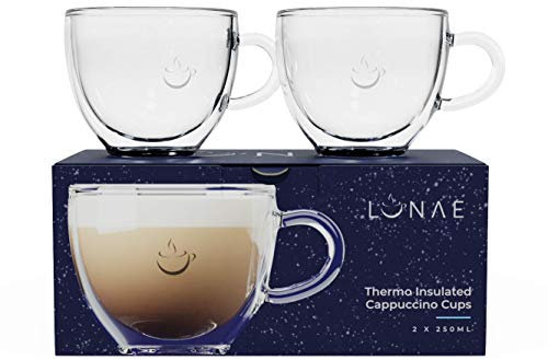 Lunae Cappuccino Cups, Double Walled Coffee Glass - 250ml (Set of 2)
