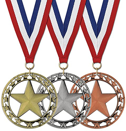 Hodges Award Medals - Gold, Silver and Bronze Star Medals with Neck Ribbons - Made of Metal- Set of 3