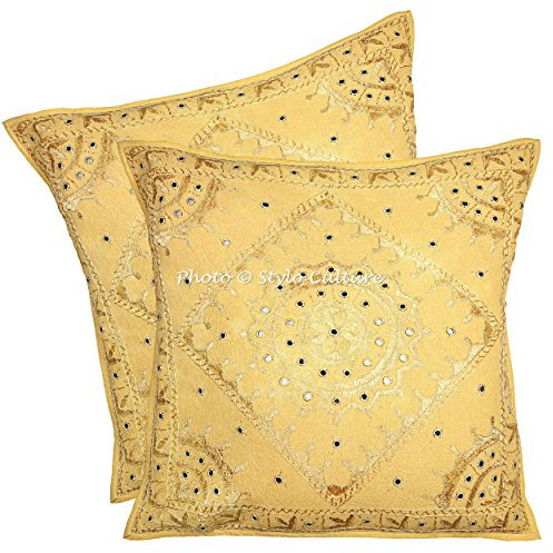 Stylo Culture Boho Forros De Cojines Decorativa 60x60 cm Algodón Espejado Fundas Almohadones Dormitorio Amarillo Mostaza 24x24 Inch Bordado Cuadrado sobre Fundas para Cojines De Sofas - 2 Pcs
