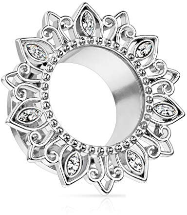 beyoutifulthings Ohr-Tunnel Blume Zirkonia Silber Clear Ohr-Piercing Edelstahl Ohr-Schmuck Screw Fit Flesh Plug Schraub-Verschluss 6mm