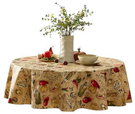 Newbridge Tuscan Oil and Vinegar Vinyl Tablecloth with Flannel Backing, Tuscany Olive Oil Bottle Print, Wipe Clean Easy Care, 70 Inch Round
