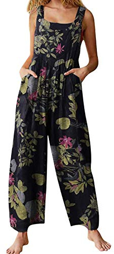 YILEEGOO Cotton Linen Dungarees for Women, Ladies Casual Overalls Baggy Wide Leg Pants Jumpsuit Playsuit (Navy Blue, Small)