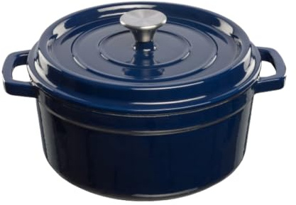 GRAND FEU Marmite en fonte hollandaise - Marmite en fonte émaillée avec couvercle et larges poignées pour cuisine et braisage - Capacité 4,7L, Bleu foncé