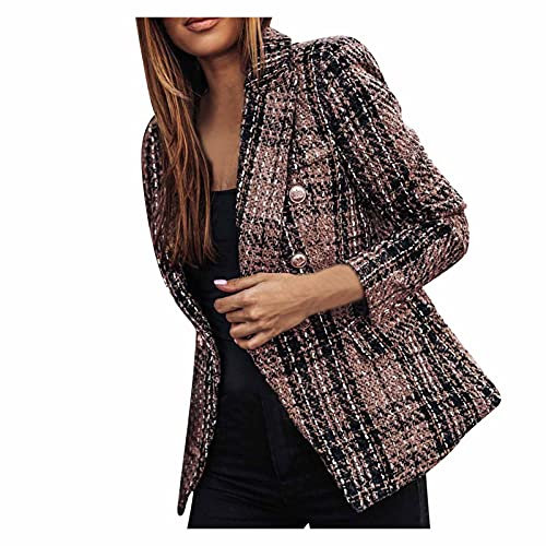 AMhomely Jackets for Women UK, Women Business Vintage Print Suit Slim Double Breasted Blazer Jacket Ladies Loose Cardigans Shirt Coat Jackets Trench Topcoats Brown