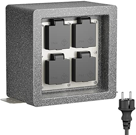 ledscom.de Garten Steckdosensäule Pock für außen, IP44, 1m, Schukostecker Typ F, 4-Fach, anthrazit (Stein-Optik), eckig, 20 cm