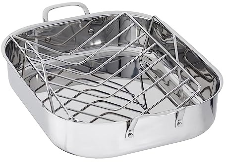 Amazon Basics Stainless Steel Rectangular Roasting Pan with Rack, Turkey Roaster, Dishwasher Safe, Easy to Clean, Oven Safe, 16 in