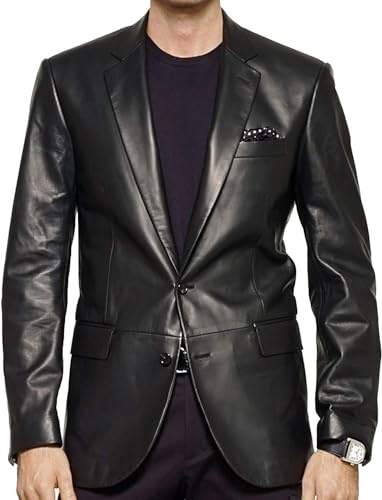 Lambskin Genuine Casual Wear Leather Blazer Sport Coat with Classic Button Closure for Men (US, Alpha, l, Regular, Regular, Black)