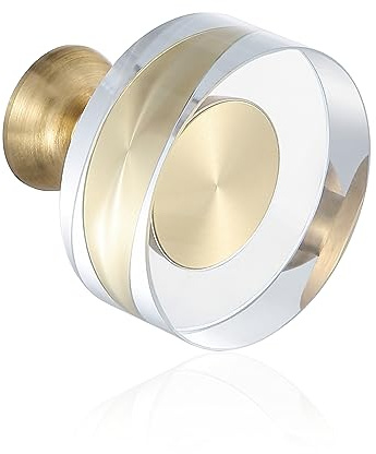 Guank 6-Pack 1-1/4-Inch White Cabinet Glass Crystal Brass knobs Brass Drawer Round Knobs Dresser Pulls, Gold Hardware Kitchen Closet knobs for Bifold Doors