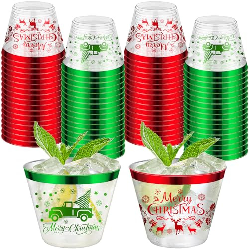 BYMIOYA 60 Pcs 9 oz Christmas Party Cups, Merry Christmas Plastic Cup, Red and Green Edge Xmas Disposable Clear Cup, Drinking Cups Coffee Cocktail Tumbler for Winter Party, Xmas Eve Decoration