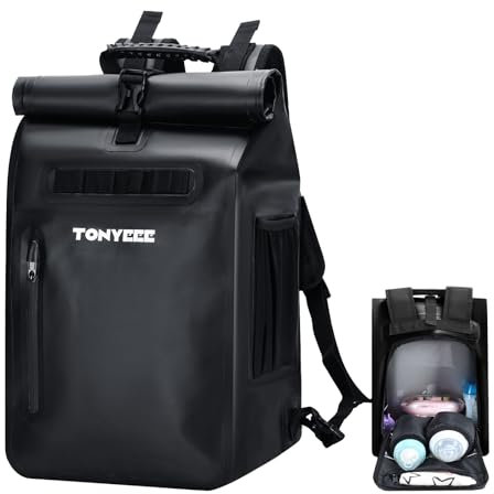 Tonyeee Wasserdicht Wickelrucksack, Lässige Wickeltasche, Rolltop Rucksack mit Flaschenwärmer, Wickelunterlage und Kinderwagenbefestigung - Schwarz