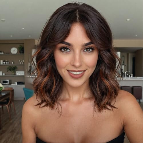 WOKESTAR Bob et perruque bouclée avec frange, perruque courte synthétique ondulée pour femme, couleur brune avec reflets