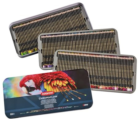 Derwent Chromaflow Pencils, Set of 150 in Tin, 3.5mm Round Core, Premium Core Strength, Blendable with Smooth Texture, Ideal for Drawing, Coloring & Layering, Professional Quality (2306263)