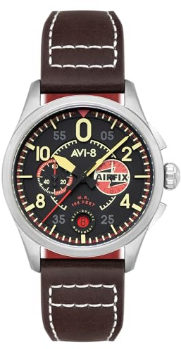 AVI-8 Reloj de piloto de cuarzo japonés Spitfire Lock de 42 mm para hombre con correa de cuero AV-4089, Negro (Raven Black), Lock Chronograph Airfix Edition