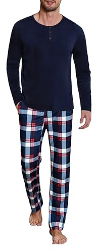 Uniexcosm Pigiama Cotone Uomo, Pigiami da Uomo Invernali Manica Lunga Top + Pantaloni Scozzesi, Set Pigiama Uomo con Tasca e Coulisse Regolabile S-XXL