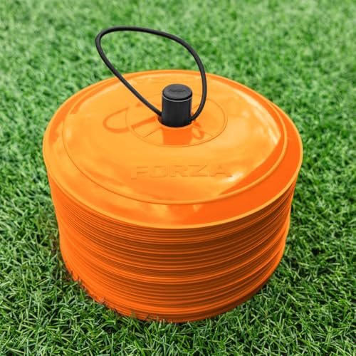 FORZA Near Flat Training Marker Cones [10 färger] | 50-pack med 23 cm breda, ultra-hållbara koner – perfekt för fotboll, rugby, hockey och mer