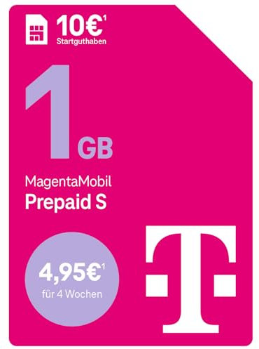 Deutsche Telekom MagentaMobil Prepaid S mit 1 GB Highspeed-Volumen I Surfen mit 5G/ LTE Max & Flat ins Mobilfunknetz (Min., SMS) + 50 Freiminuten in alle Anderen dt. Netze I 10 EUR Startguthaben