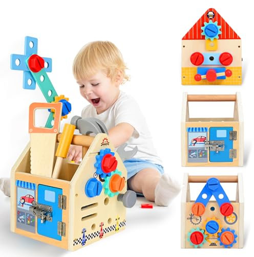 Ulikey Werkzeugkoffer Kinder Montessori Spielzeug, Werkbank Kinderwerkzeug Set mit Werkzeugkasten und 32 Stück Holzwerkzeug, Holzspielzeug Werkzeugkasten für Junge Mädchen ab 2 3 4 Jahre