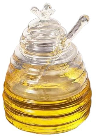 Klart honungsglas – honungsglas med slev, honungsdispenserburk | Transparent honungsbehållare med slev och lock, säkert och luktfritt honungsglas av glas för förvaring av salladsdress