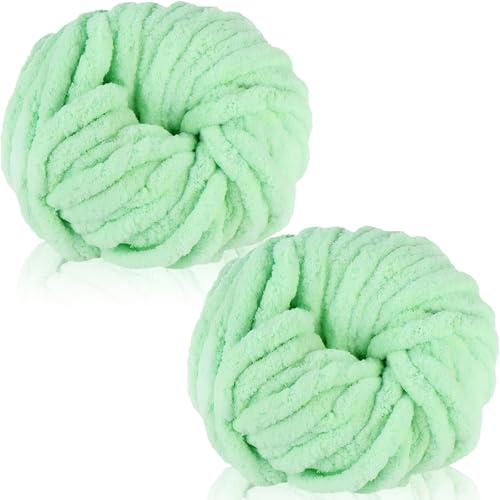 Duscdesp 2 Pack 240g Super Chunky Yarn for Hand Knitting,Thick Wool Yarn,Chenille Chunky Blanket Yarn for Hats Scarf Blankets Cushion Cat Bed(Light Green)