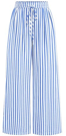 PRETTYGARDEN Womens Pants Elastic Waist Floral Lightweight Palazzo Pants for Women Casual Lounge Wide Leg Pants Woman (Striped Blue, X-Large)