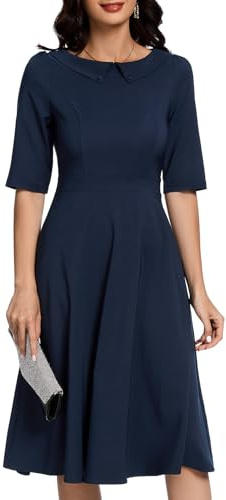 Bbonlinedress Vestido de cóctel vintage para mujer, formal, otoño, boda, iglesia, manga larga, cuello Peter Pan, vestido midi, Azul marino, XL